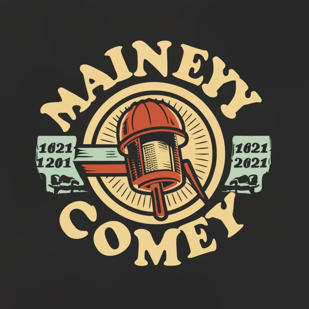 logo, ROUND BUCKET HAT AND MIC, with the text "MAINEY COMEDY", typography
