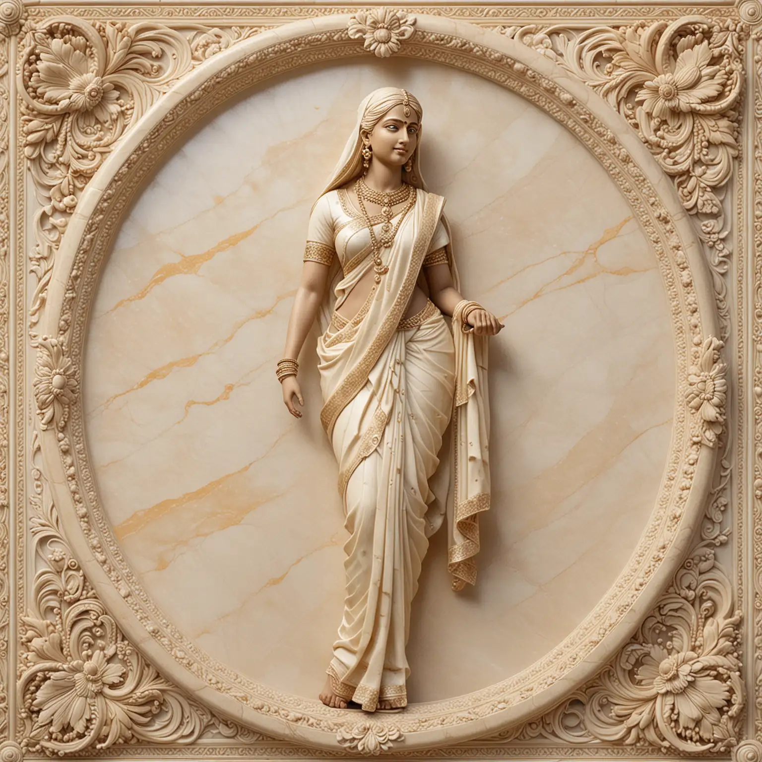 seamless 3d highly detailed and  carved cream marble panel with cream marble ornate frame in the theme of a full length cream marble indian woman in a sari



 





