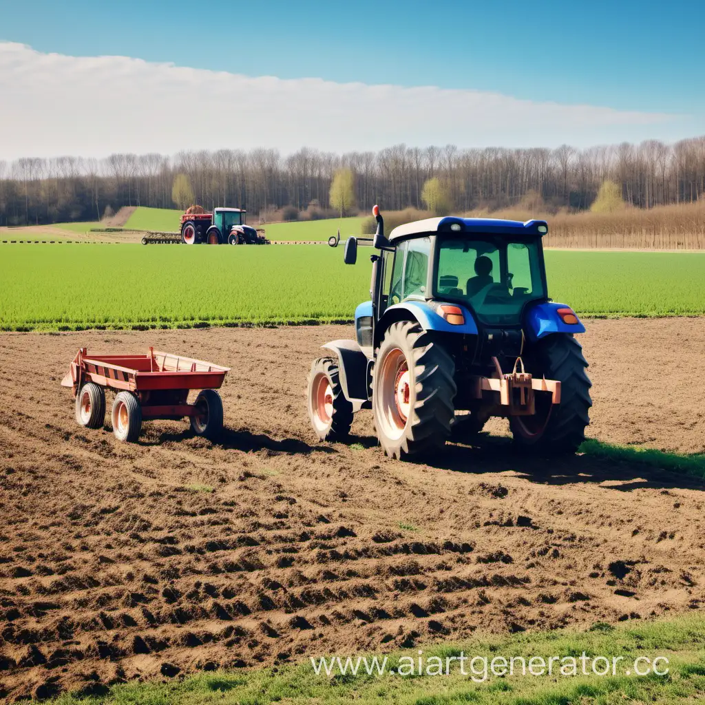 весеннее солнечное поле в котором едет трактор, который готовится к началу весенне-полевых работ и счастливые фермеры на фоне 