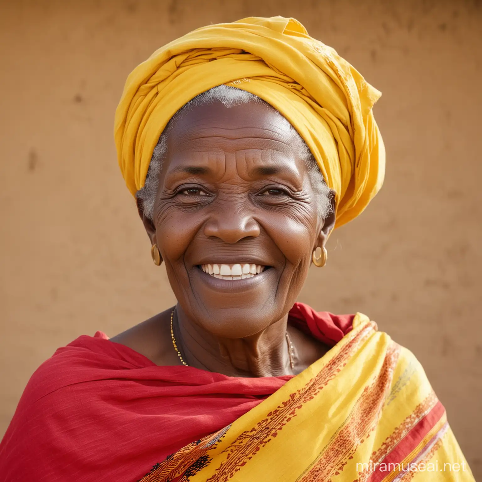 Elderly 
Rural African Woman wearing a yellow top and red doek, smiling facing sideways