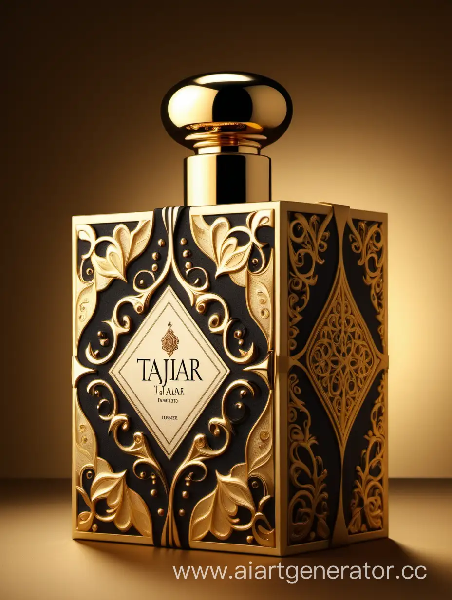 Box package design of perfume TAJDAR product, elegant, trending on artstation,   sharp focus,   studio photo,   intricate details,   highly detailed,   gold, Royal black and beige color on gold background