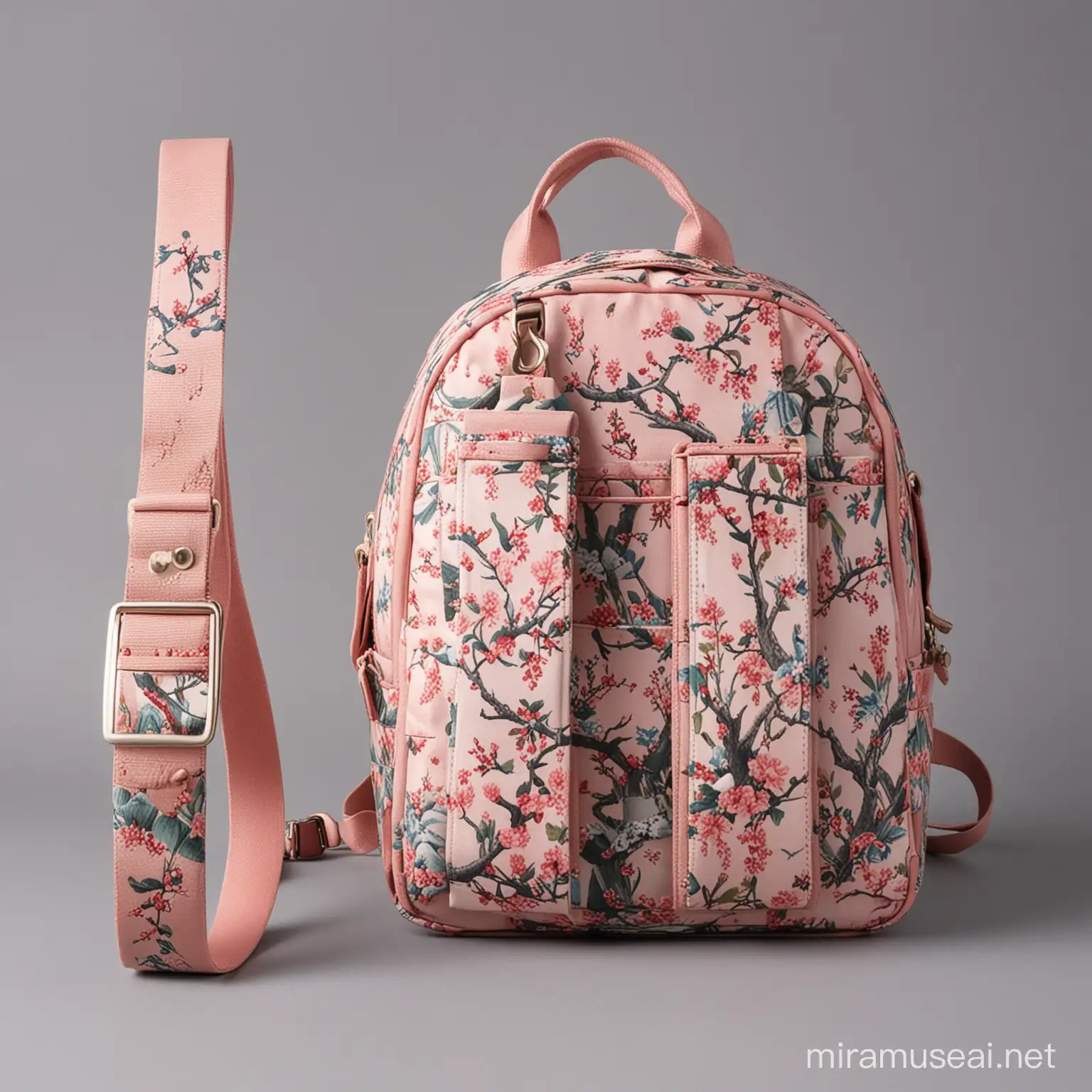 Peach Blossom and Willow Tree Patterned Travel Backpack with Waist Buckle