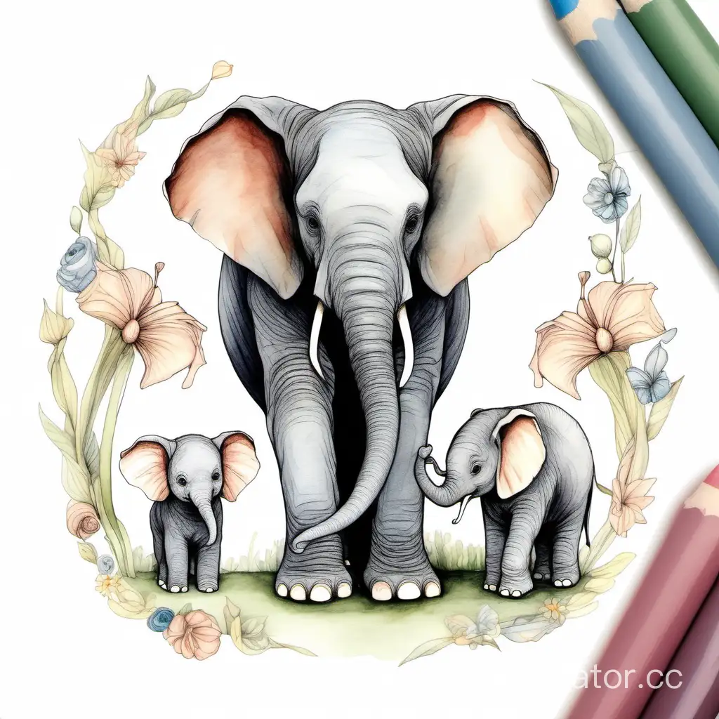 рисунок маму слониху папу слона и дочку слоненка  в стиле беатрис поттер с бантами 