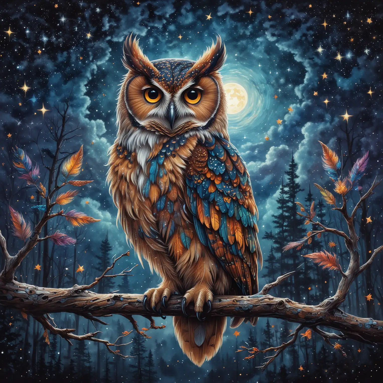 An owl with vibrant, whimsical feathers perched on a branch against a starry night sky background, conveying a sense of fantasy and magic.
