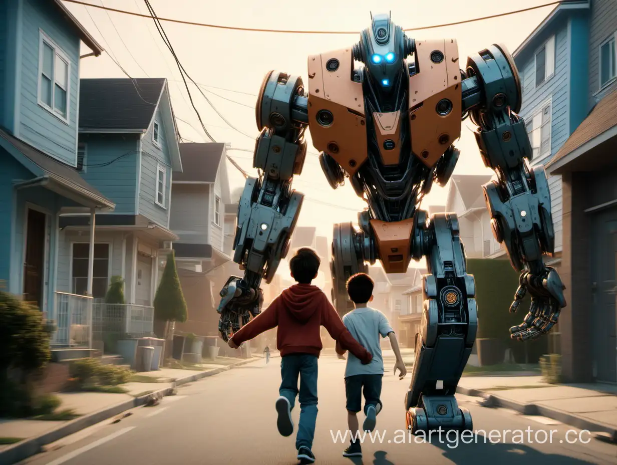 мальчик держит за руку 17 летнего мальчика и убегает от большого робота в улице много домов