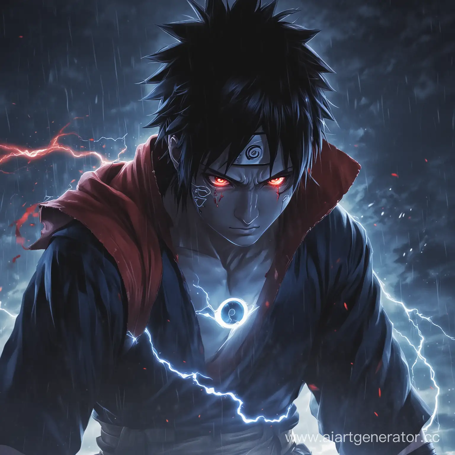 sasuke, Chidori Nagashi, blue lightning around the body, sharingan in the eyes, red eyes, valley of completion on the background, night, serious face