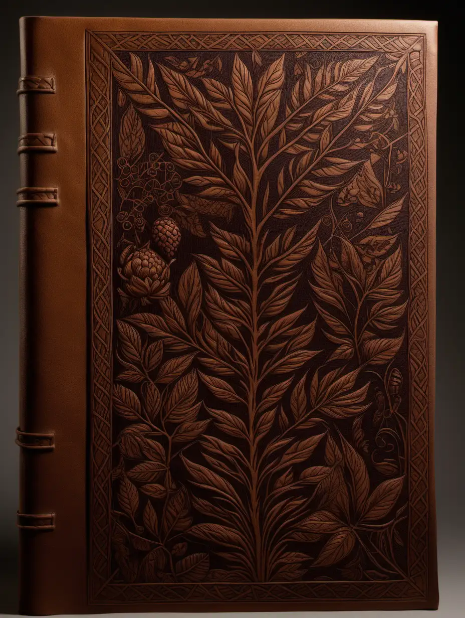 front aligned view of the narrow border of small designs on a blank book covered in leather in the theme "bramble"