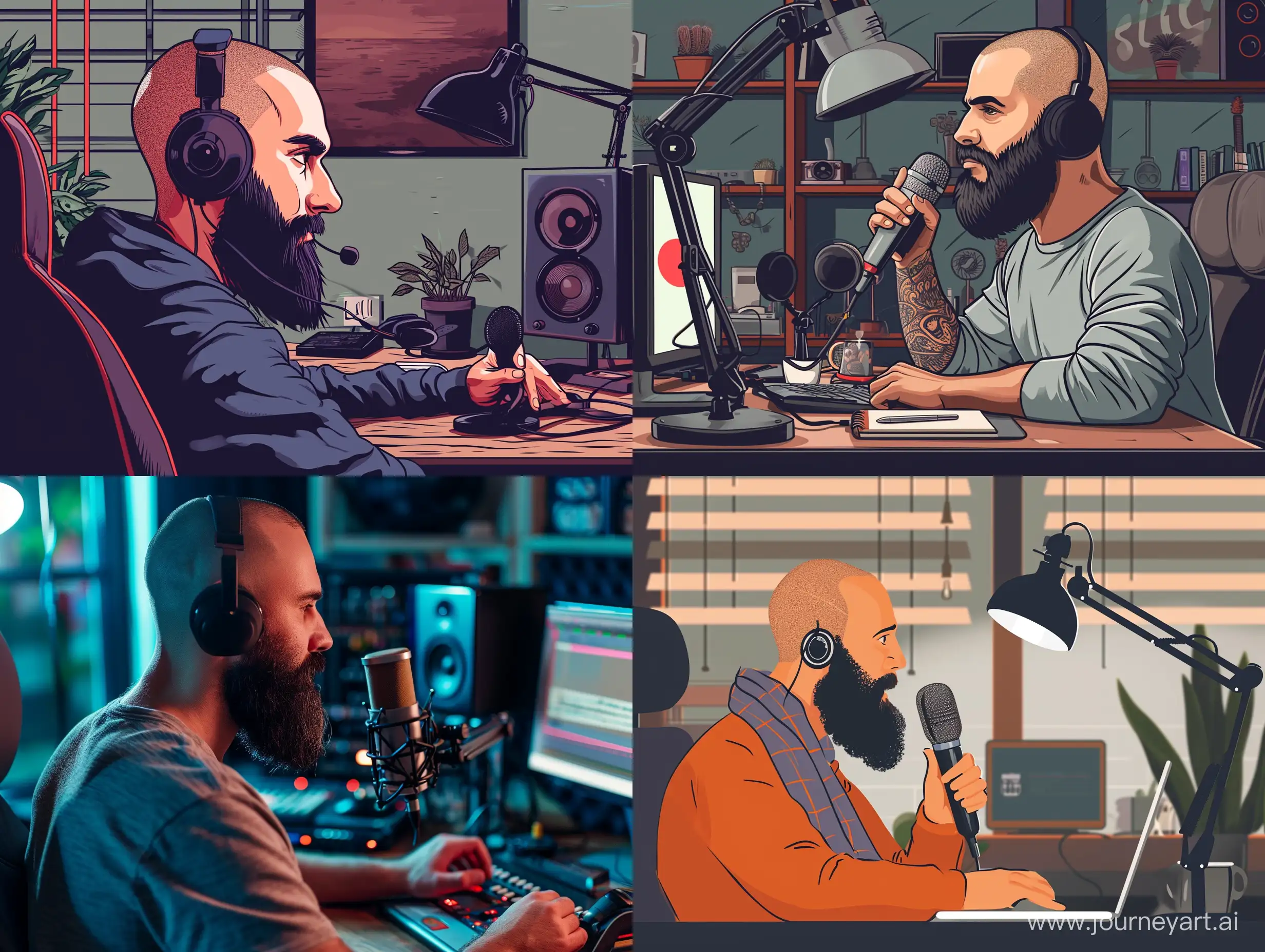 a shaved hair man with beard doing podcast in his studio