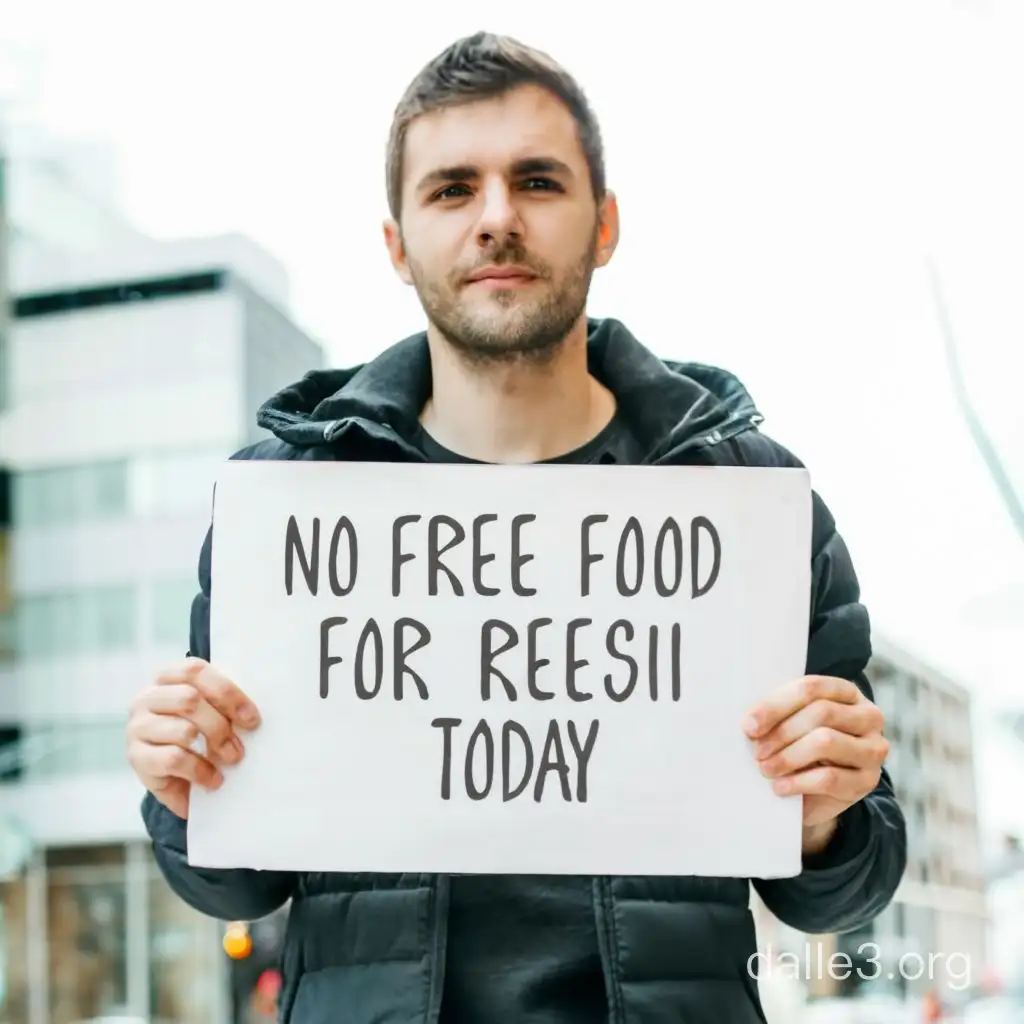 good looking man holding up a sign on which is written "No free Food for Resi Today"