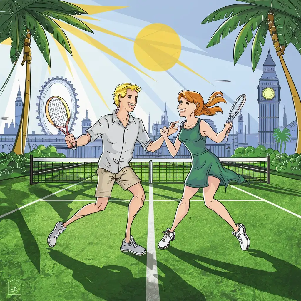 linework of two people one blonde man and one ginger woman playing tennis on grass course with london in the background but also include palm trees