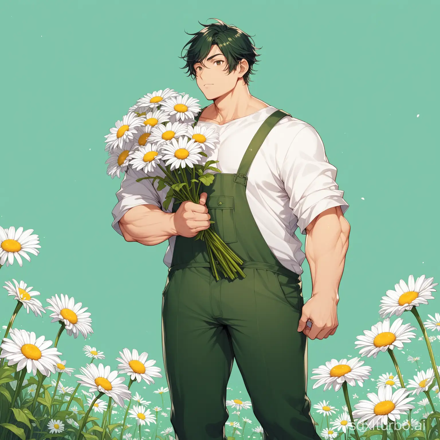A mascular man who's 180cm tall, little bit bulky with a bunch of Daisy flowers in hand