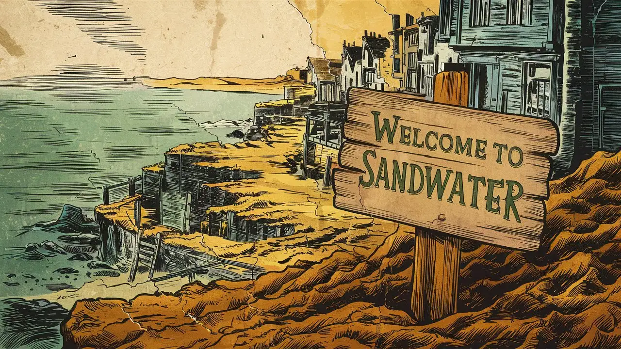 Old comic book art, faded color, halftone ink, side view of coastal town built on a druid burial ground, see through the dirt into the burial ground, wooden sign says "Welcome to Sandwater"