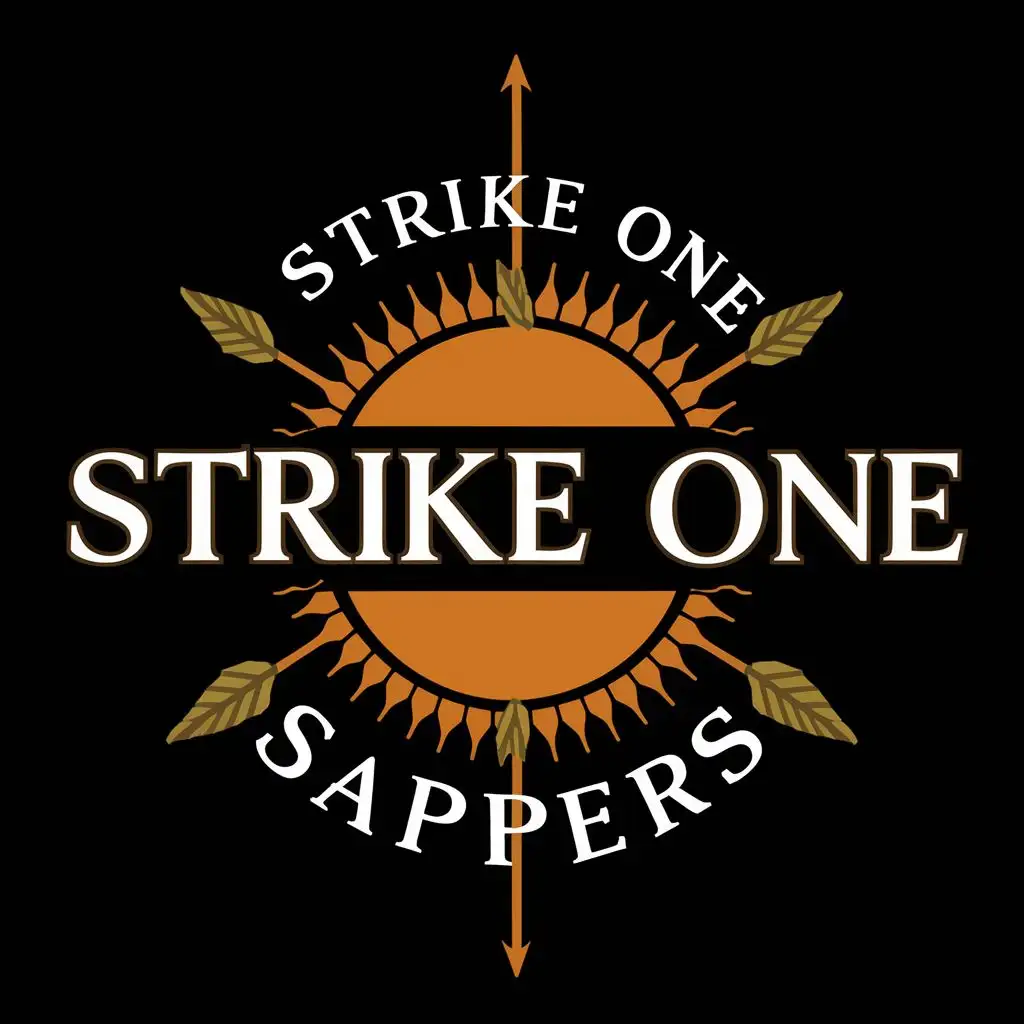 logo, Strike one sappers written in centre of sun and bow and arrow, with the text "Strike one sappers", typography