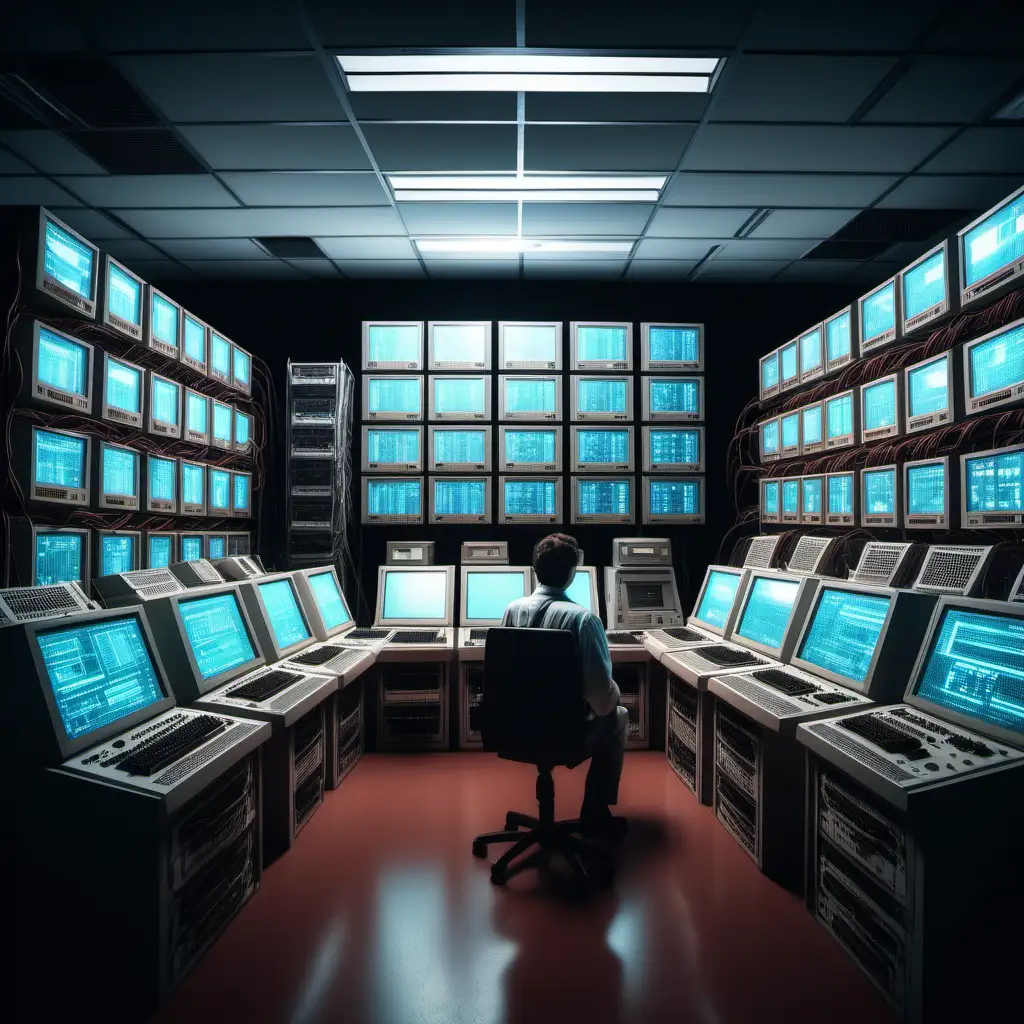 NASA Technician Operating Retro Computer System with Multiple Screens