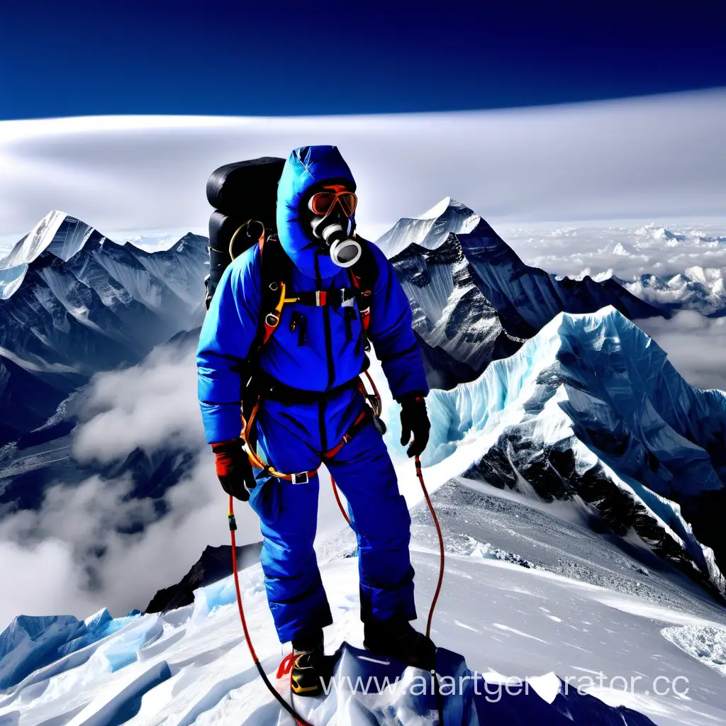 Top on Mount Everest. Climber von der Seite weiter im Bild, blauer anzug, atemschutz
