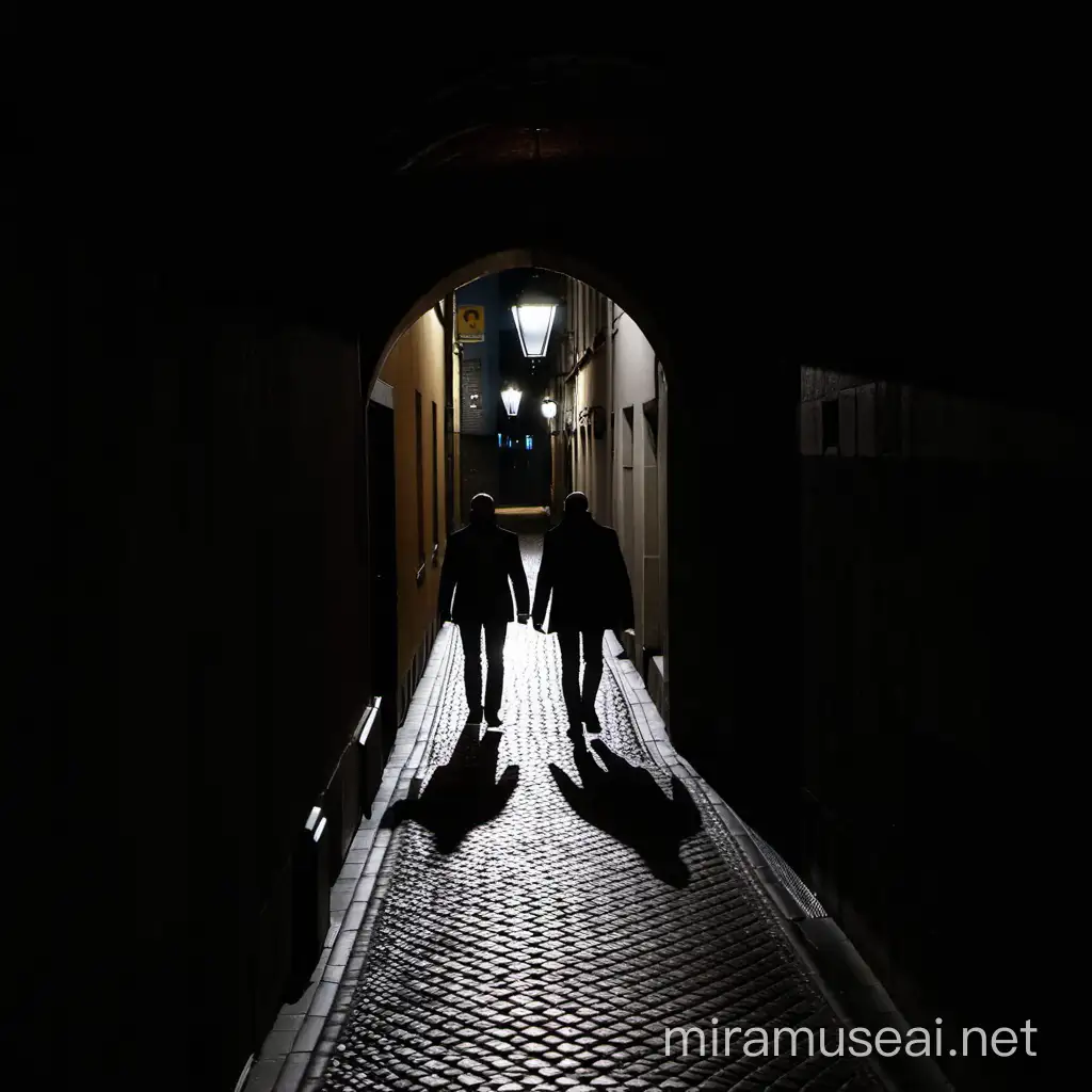 street in brussels night, two male silhouettes in a dark passageway