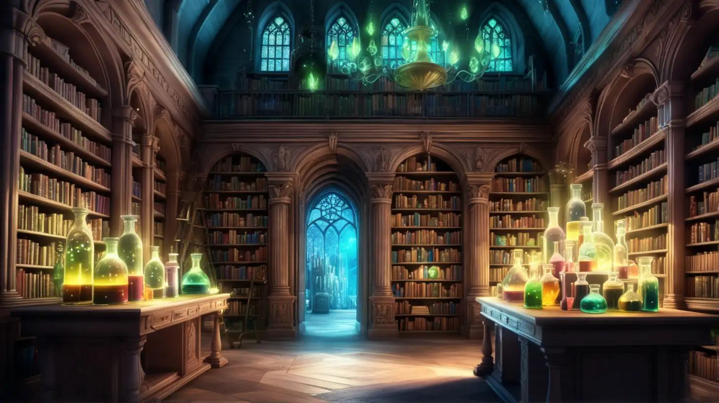 Enchanted Library with Glowing Potions and Liquid Keys