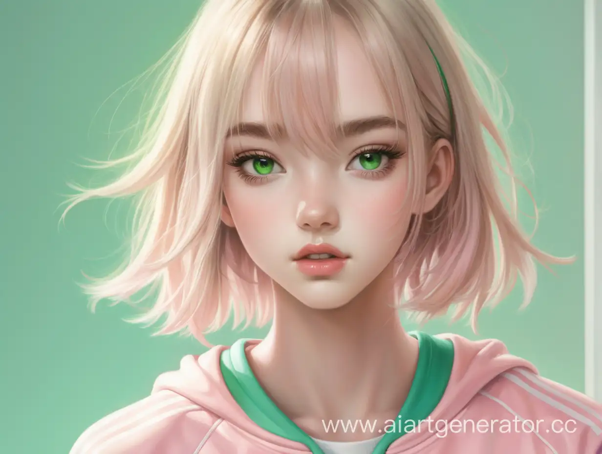 Девочка со светлыми волосами, в спортивной одежде,глаза нежно зелёные, кожа светлая, губы нежно розовые.