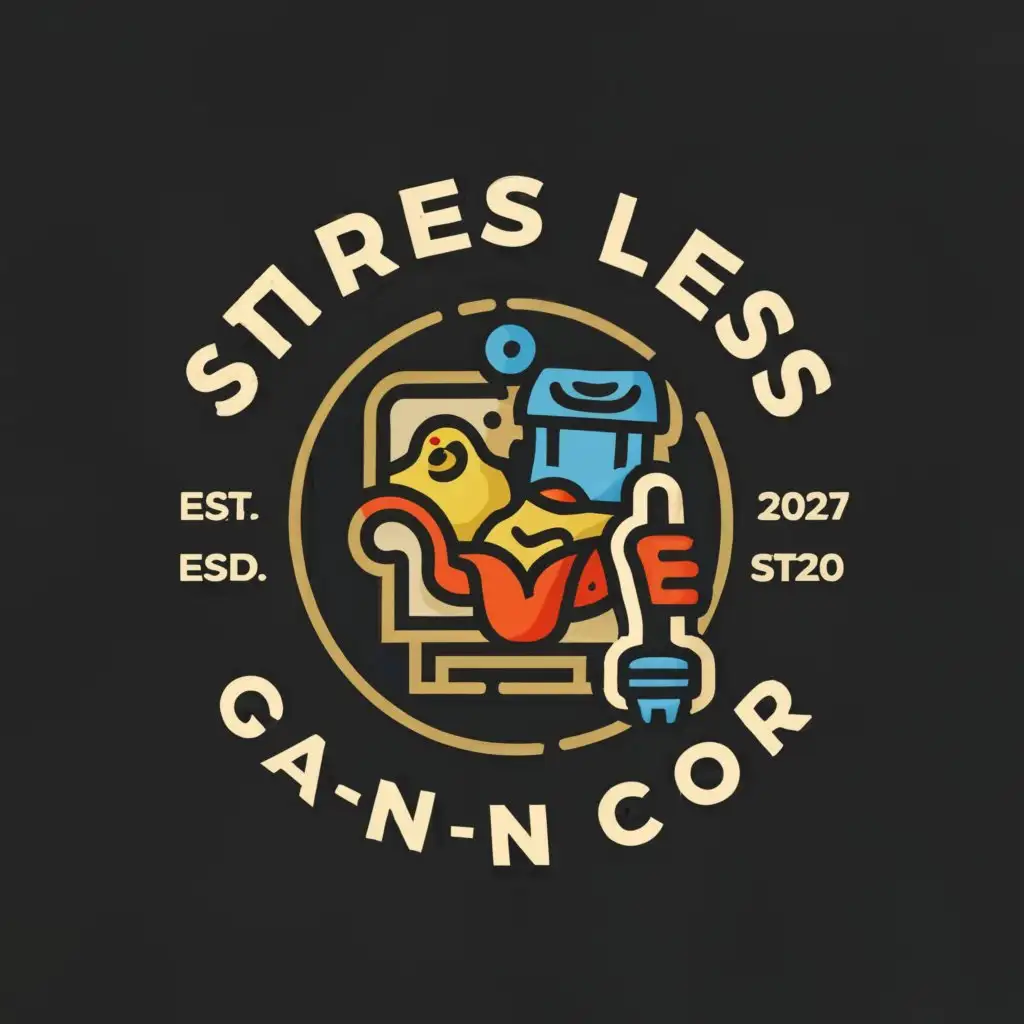 a logo design,with the text "Stress Less", main symbol:A cleaning company logo with a pile of clothes on a chair with a pizza and sock on the floor.,complex,clear background