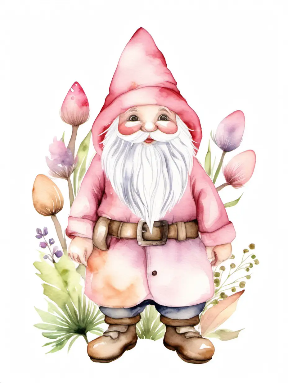 watercolor Soft pink gnome clip art, cute, cartoon, isolated on white background, suitable for easter