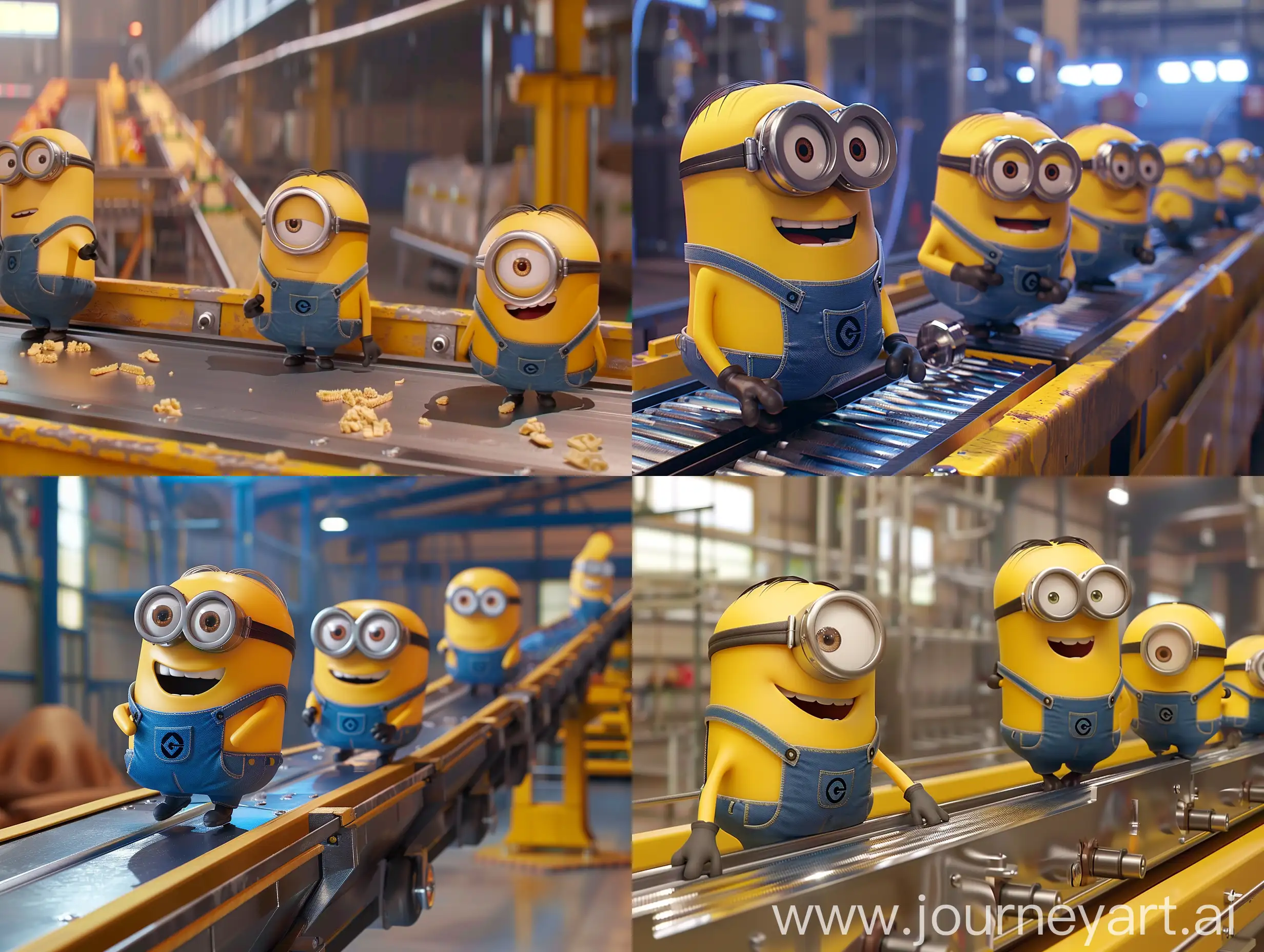 Minions-Working-on-Conveyor-in-Flat-2D-Side-View