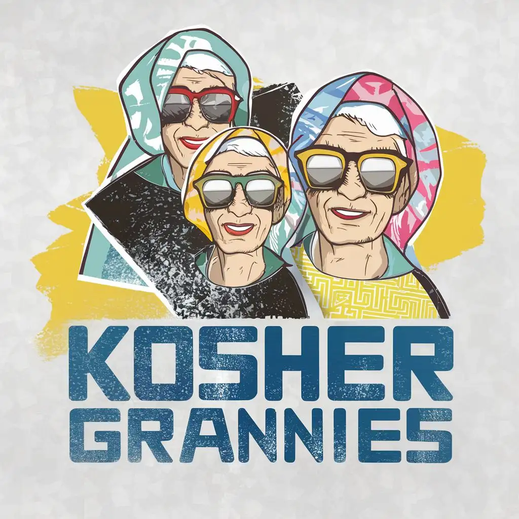 logo, Israel, yellow, blue, white, 3 Jewish grannies with sunglasses and colorful Israeli headscarves, Paul Klee, with the text "Kosher Grannies", typography, be used in the art industry