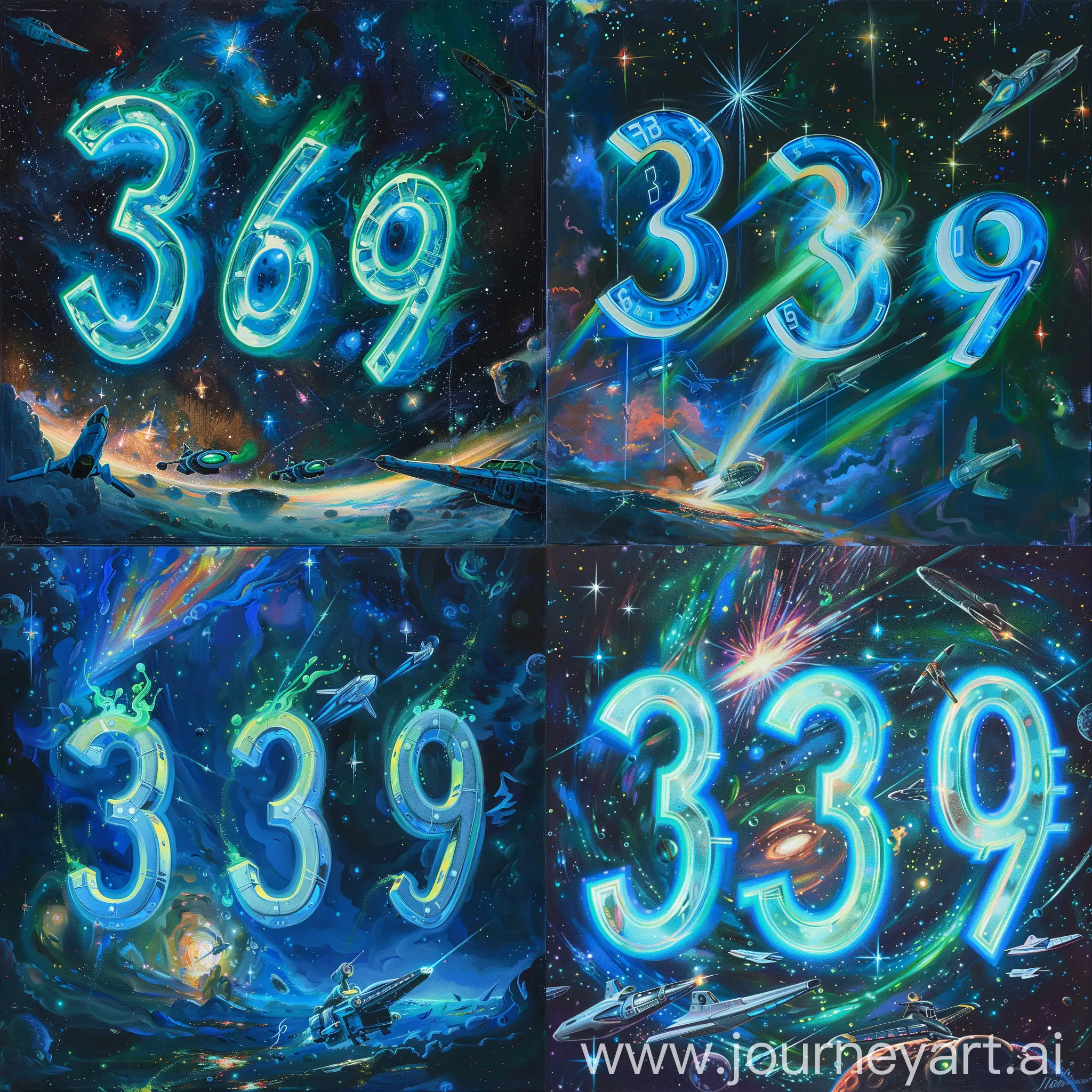 三个数字 3、6、9 悬浮在科幻场景中，它们发出蓝色和绿色的光芒，周围是星空和宇宙飞船，用油画绘制，数字排列成三角形，背景是黑暗的太空，有星辰和星云的光芒 
