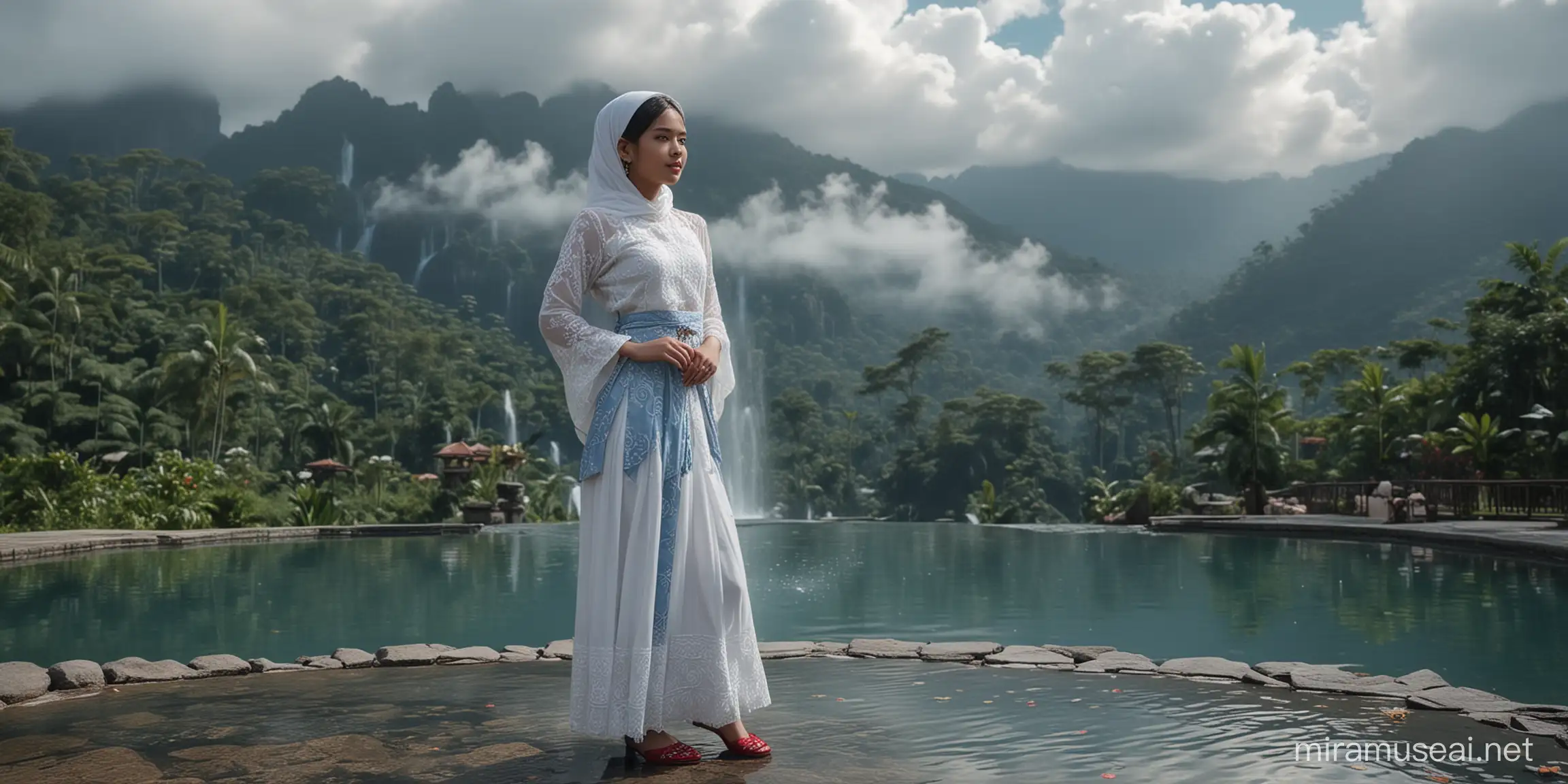   features a 17-year-old Indonesian girl in a white and blue kebaya with a hijab, standing gracefully in front of a natural mountain fountain surrounded by thin white clouds.  Beneath her dress, crimson slippers add a touch of elegance to the scene. I hope this visual creation brings your imagination to life