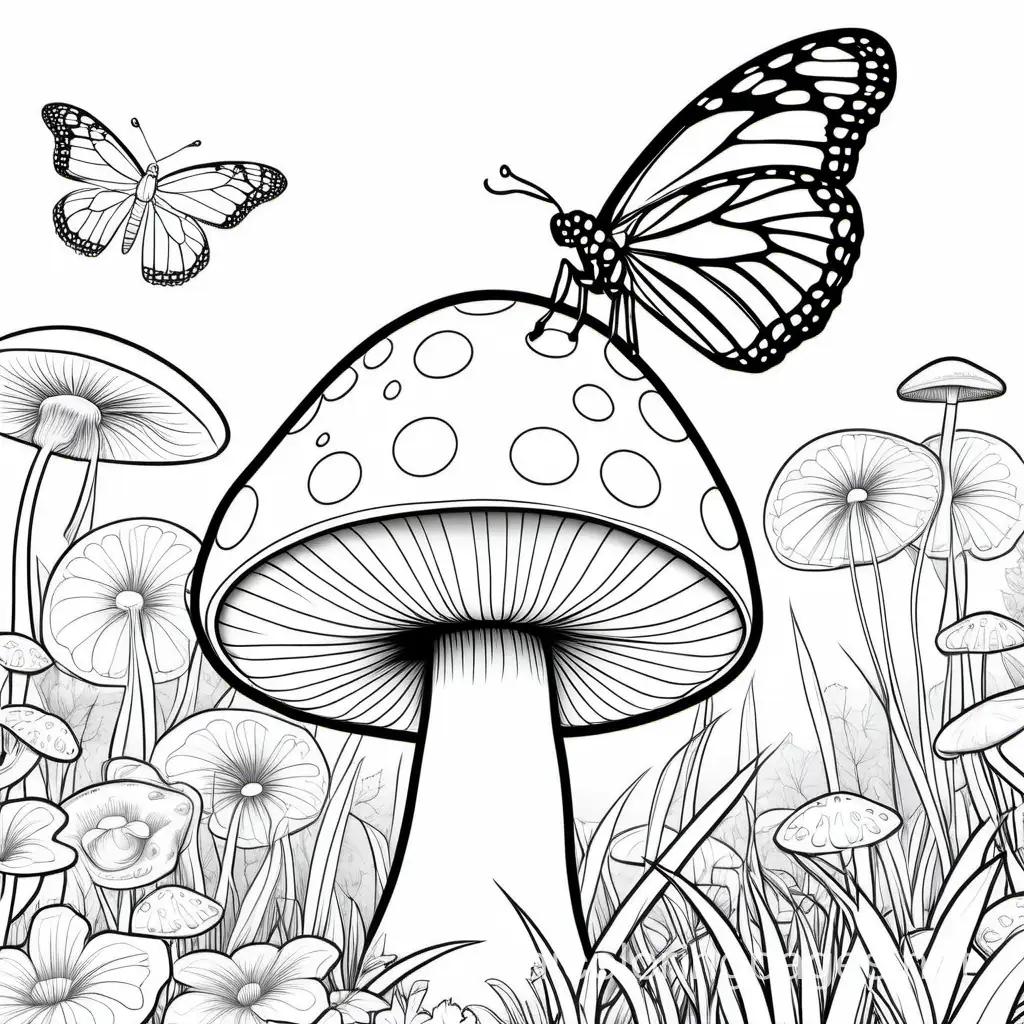 Whimsical-Mushroom-and-Monarch-Butterfly-Coloring-Page-for-Kids