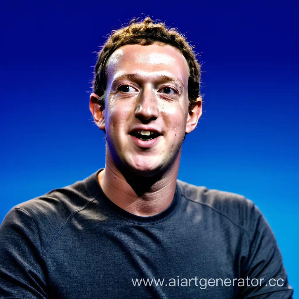 mark Zuckerberg with a computer
 blue background