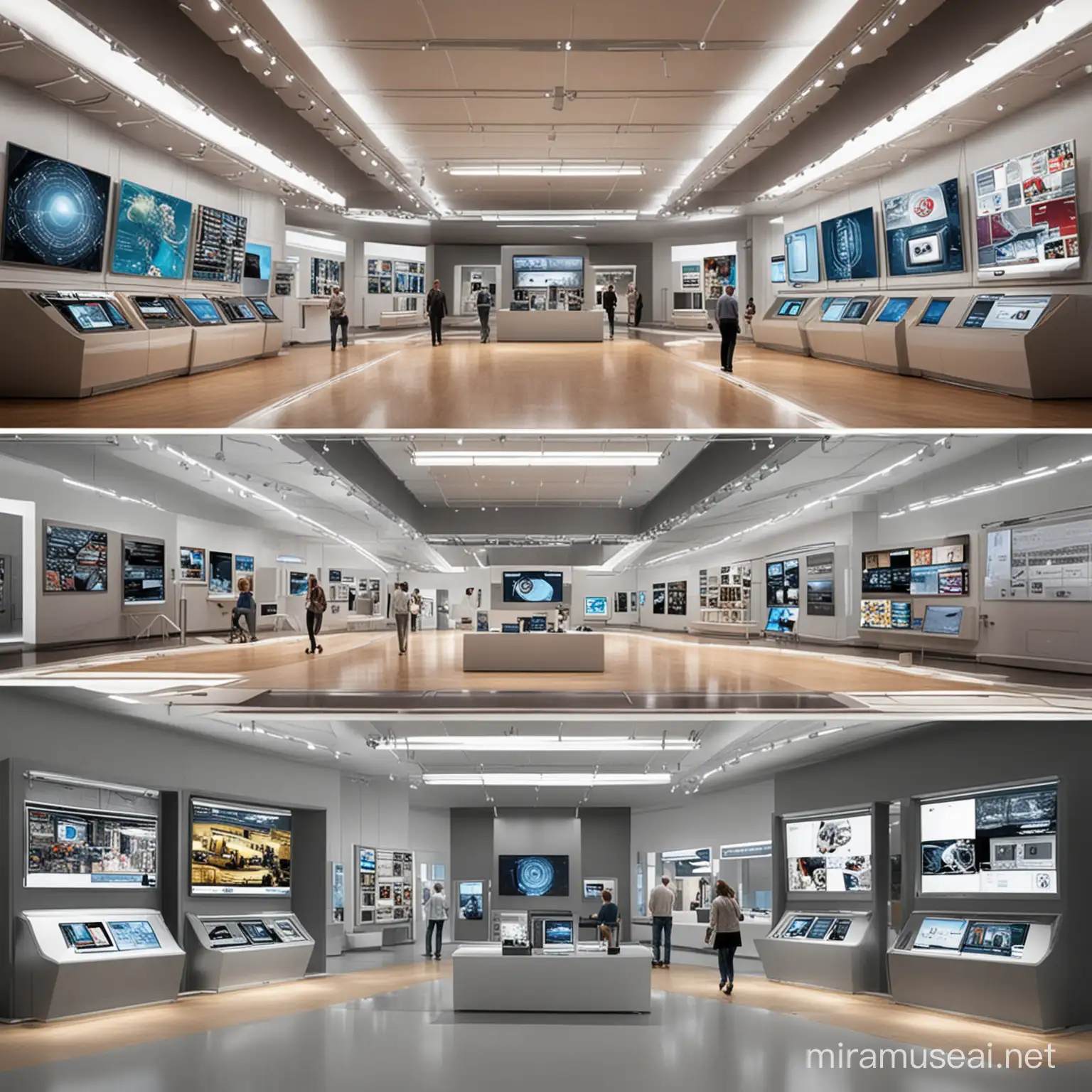 اريد ٤ لقطات منظوريه لفراغ تصميم داخلي لمتحف التكنولوجيا و الفنون يحتوي علي وحدات عرض و شاشات عرض تكنولوجيه و  روبوتات