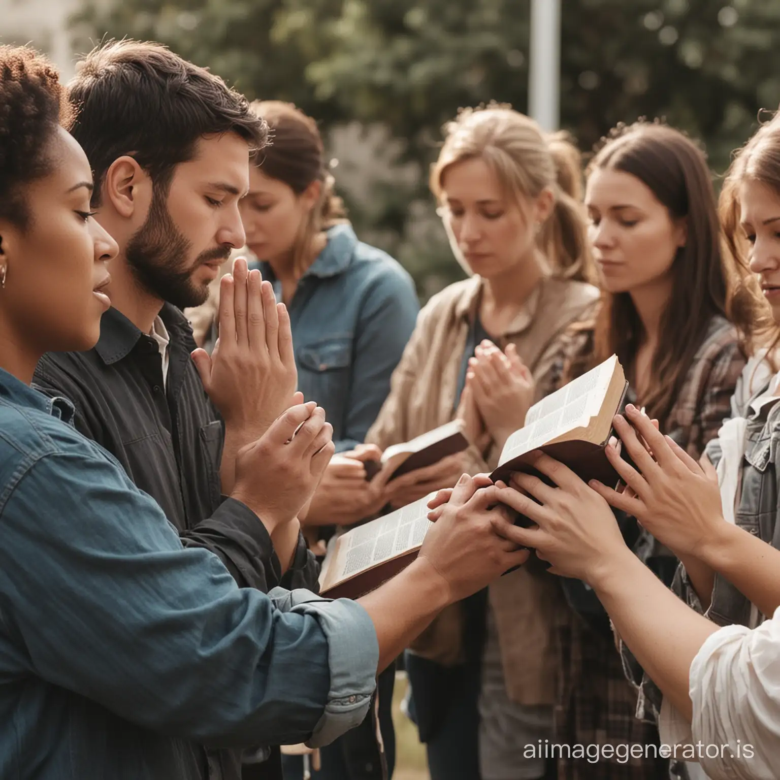 A Christian group of people with bibles praying passionately for other people present