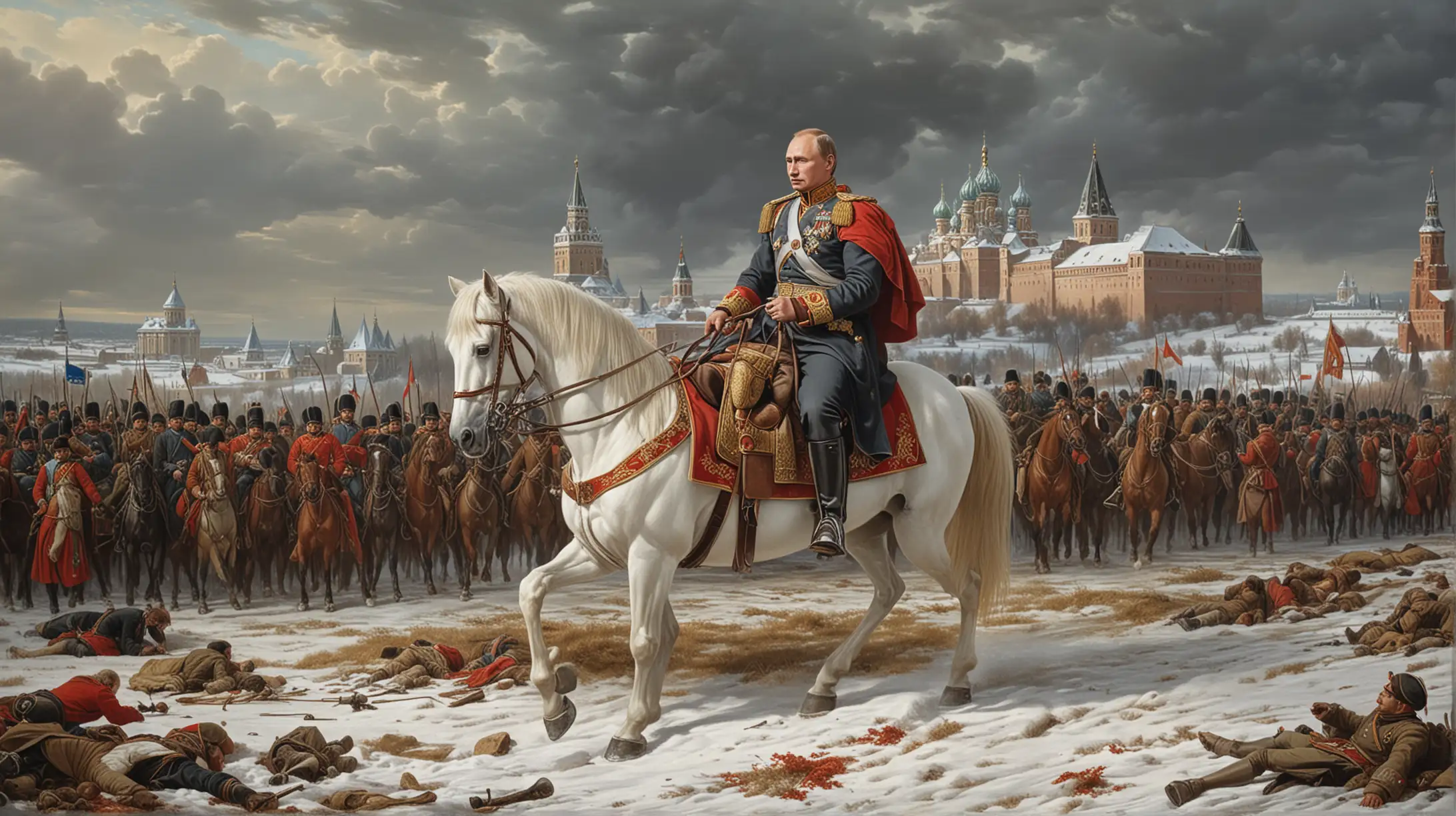 Vladimir Putin on a horsecimpersonating Napoleon's Retreat From Russia from German painter Adolph Northen with the Kremlin in the background the field is littered with corpses