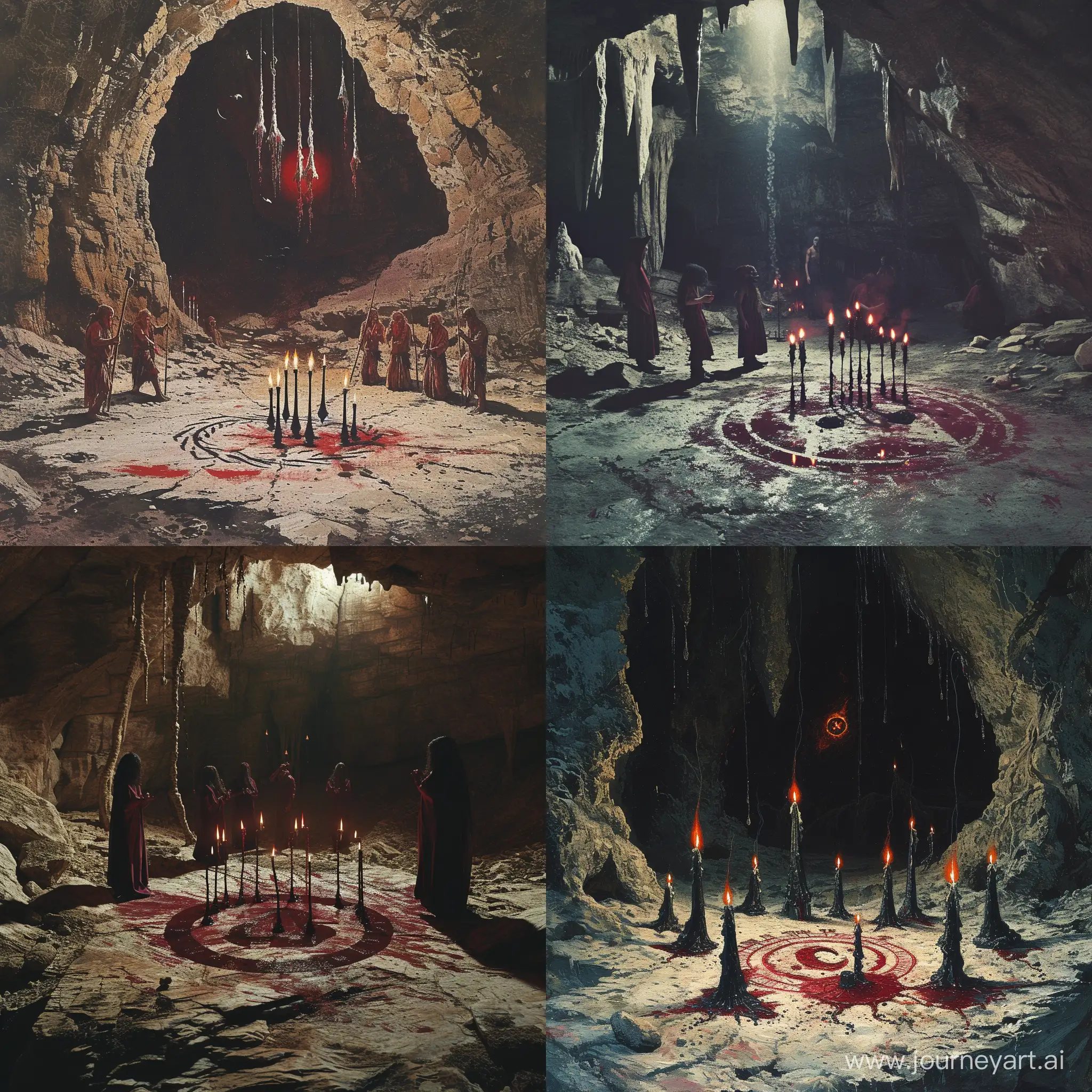 cavern veiled in perpetual darkness, the ritual involves a sacrificial ceremony with candles made from blackened wax and blood, A demonic sigil is inscribed on the floor, shadows coalesce around the participants, blood moon, 1970's dark fantasy style, gritty, aesthetic, detailed, vintage
