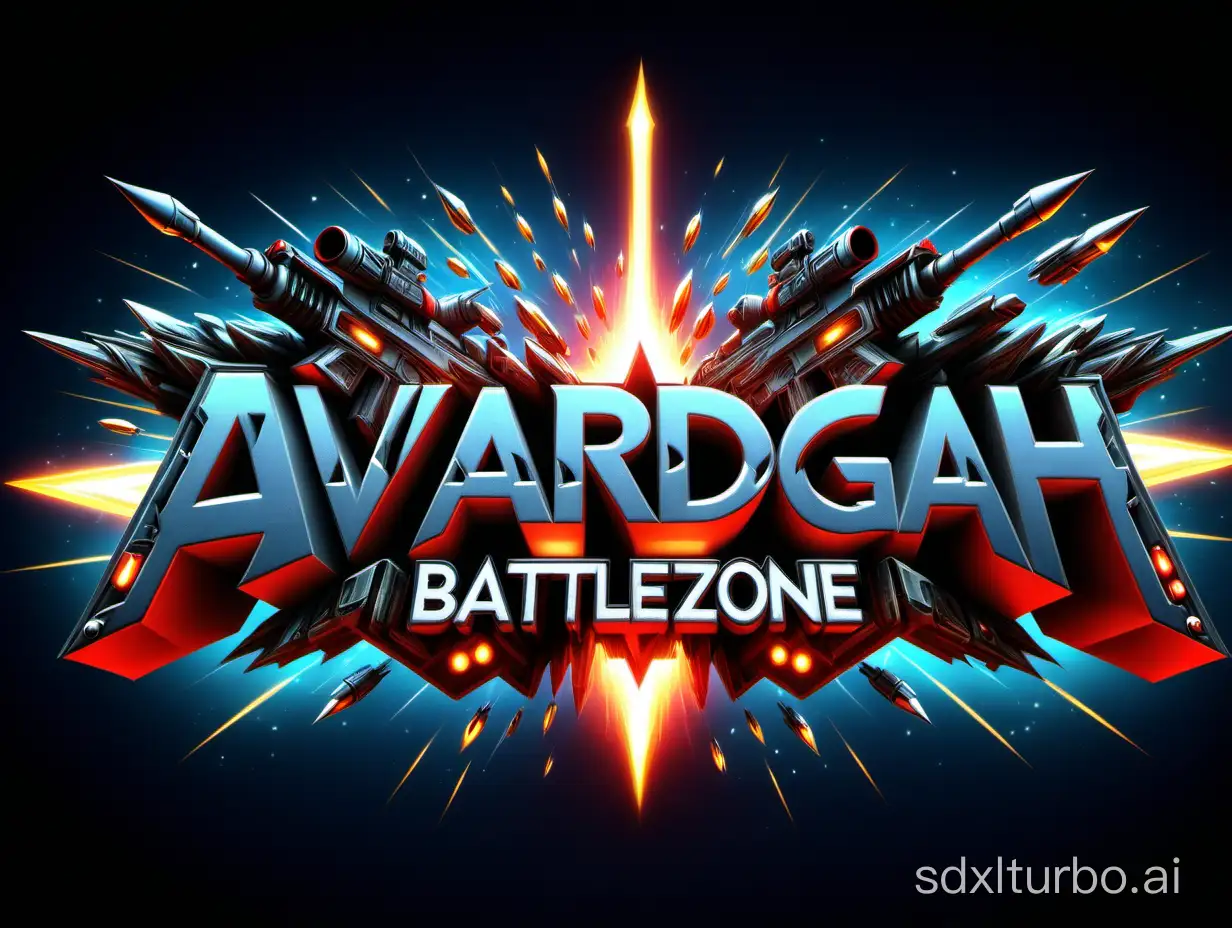 create text logo from "AVARDGAH - BattleZone" with sharp edges and bullets decoration, front view, clean, lights, frame