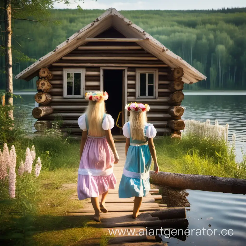 Славянские девушки с русыми волосами и венками из цветов идут на чистое озеро мимо маленькой русской рубленой избушки.