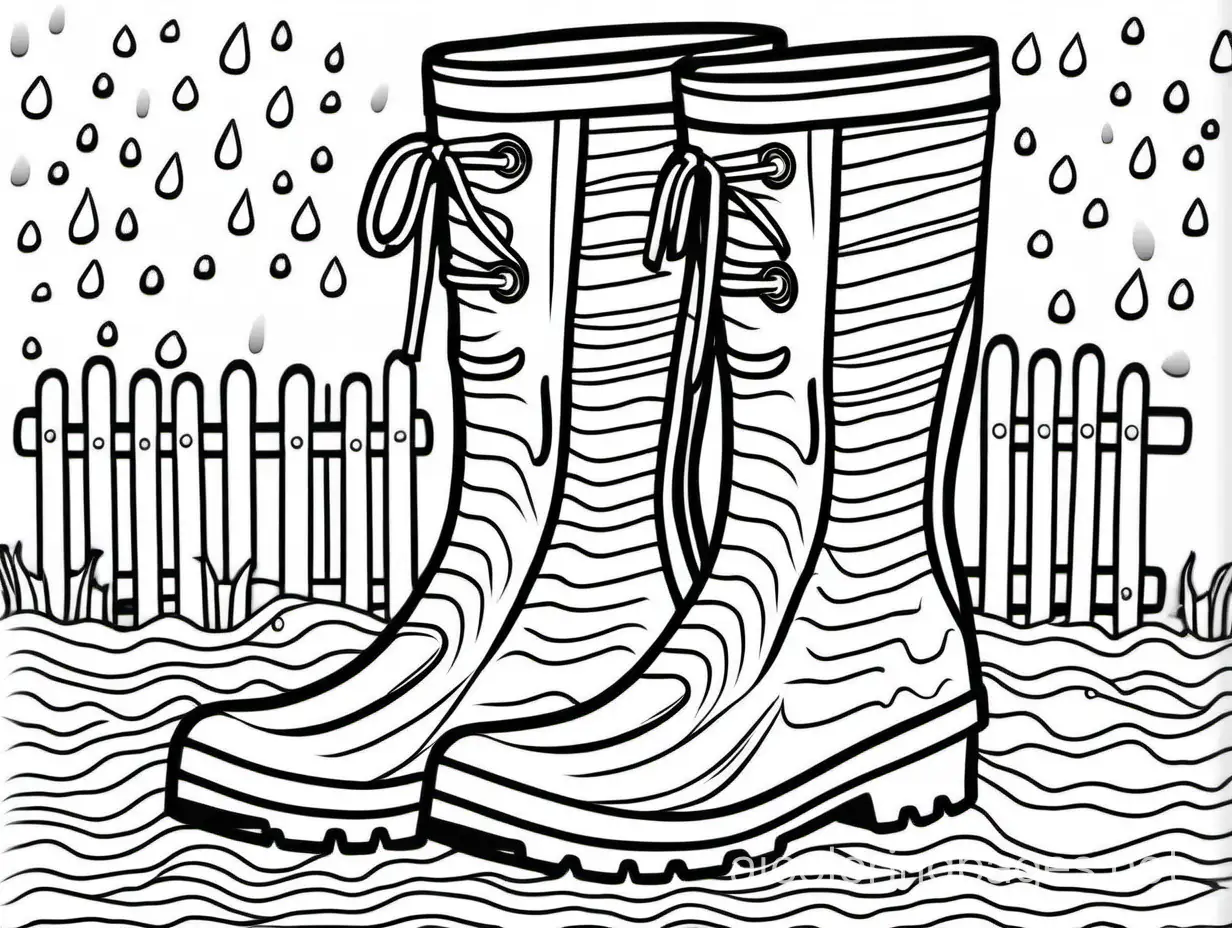  adult coloring page rainboots in the rain, Coloring Page, black and white, line art, white background, Simplicity, Ample White Space. The background of the coloring page is plain white to make it easy for young children to color within the lines. The outlines of all the subjects are easy to distinguish, making it simple for kids to color without too much difficulty