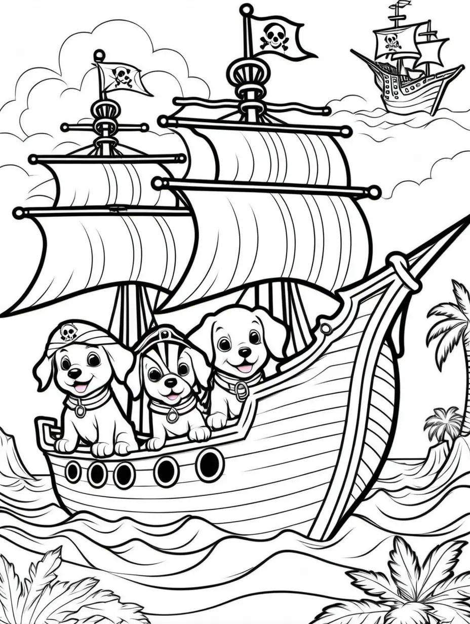 Coloring book page for young child, Puppies on a Pirate Ship: Puppies dressed as pirates, sailing on a ship, searching for treasure on a tropical island, no bleed, Coloring Page, black and white, line art, white background, Simplicity, Ample White Space. The background of the coloring page is plain white to make it easy for young children to color within the lines. The outlines of all the subjects are easy to distinguish, making it simple for kids to color without too much difficulty
