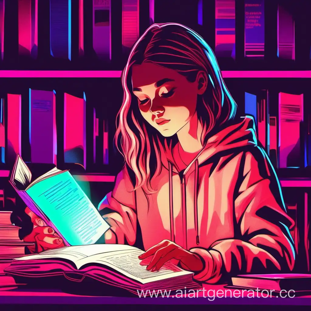 девушка с книгой читает о свое студенческой жизни. спокойные цвета с неоновым подсветом