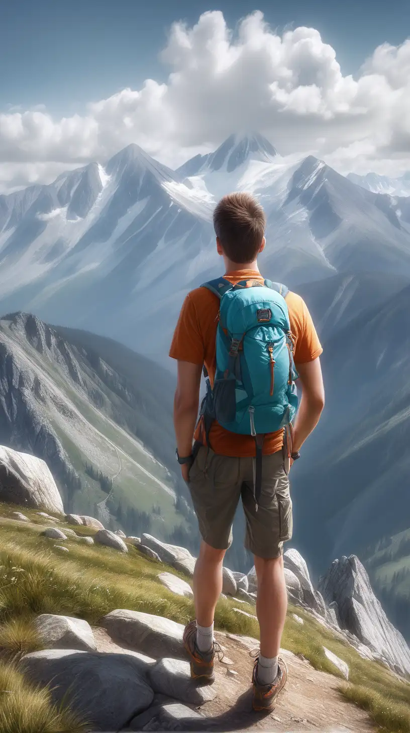 create a realistic image of someone looking this way, enjoying the scenery on a hike, not just the summit, 