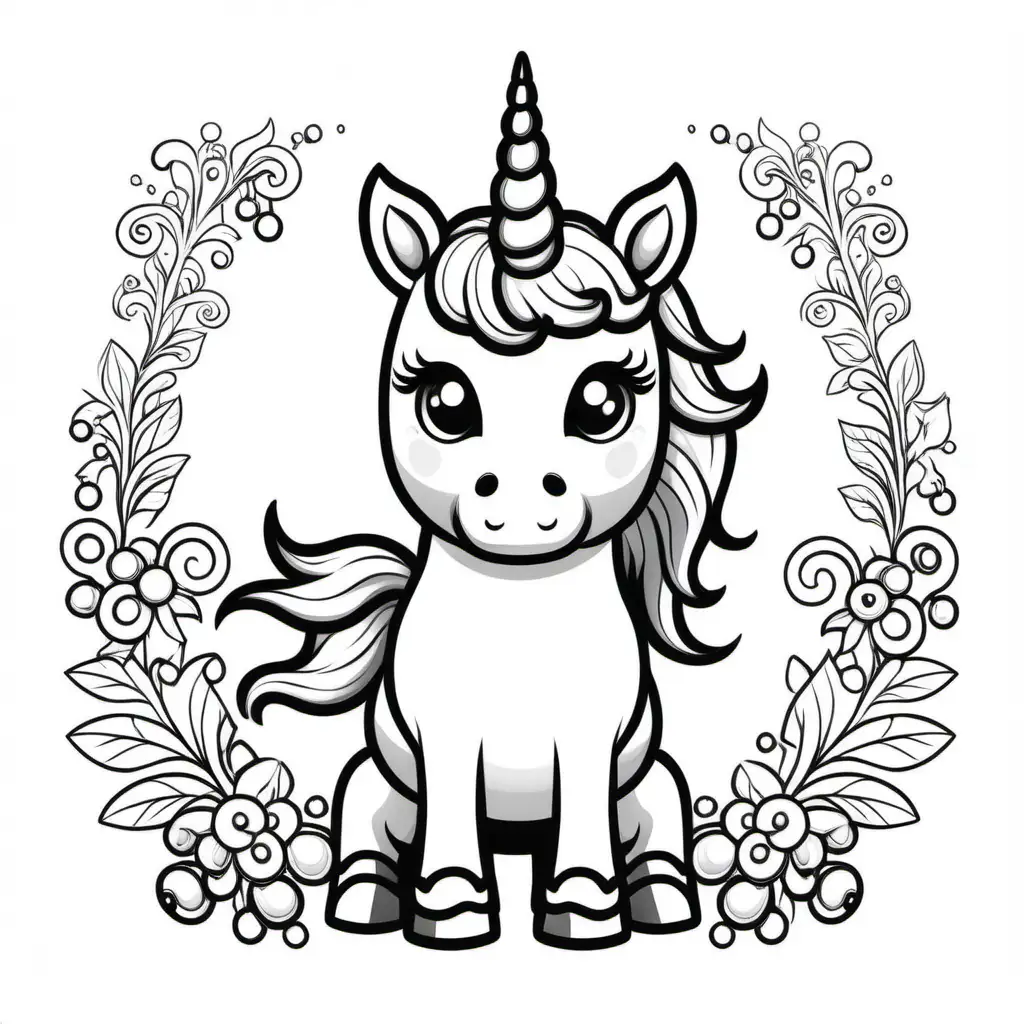 ssimple cute unicorn with bells
coloring page
line art
black and white
white background
no shadow or highlights