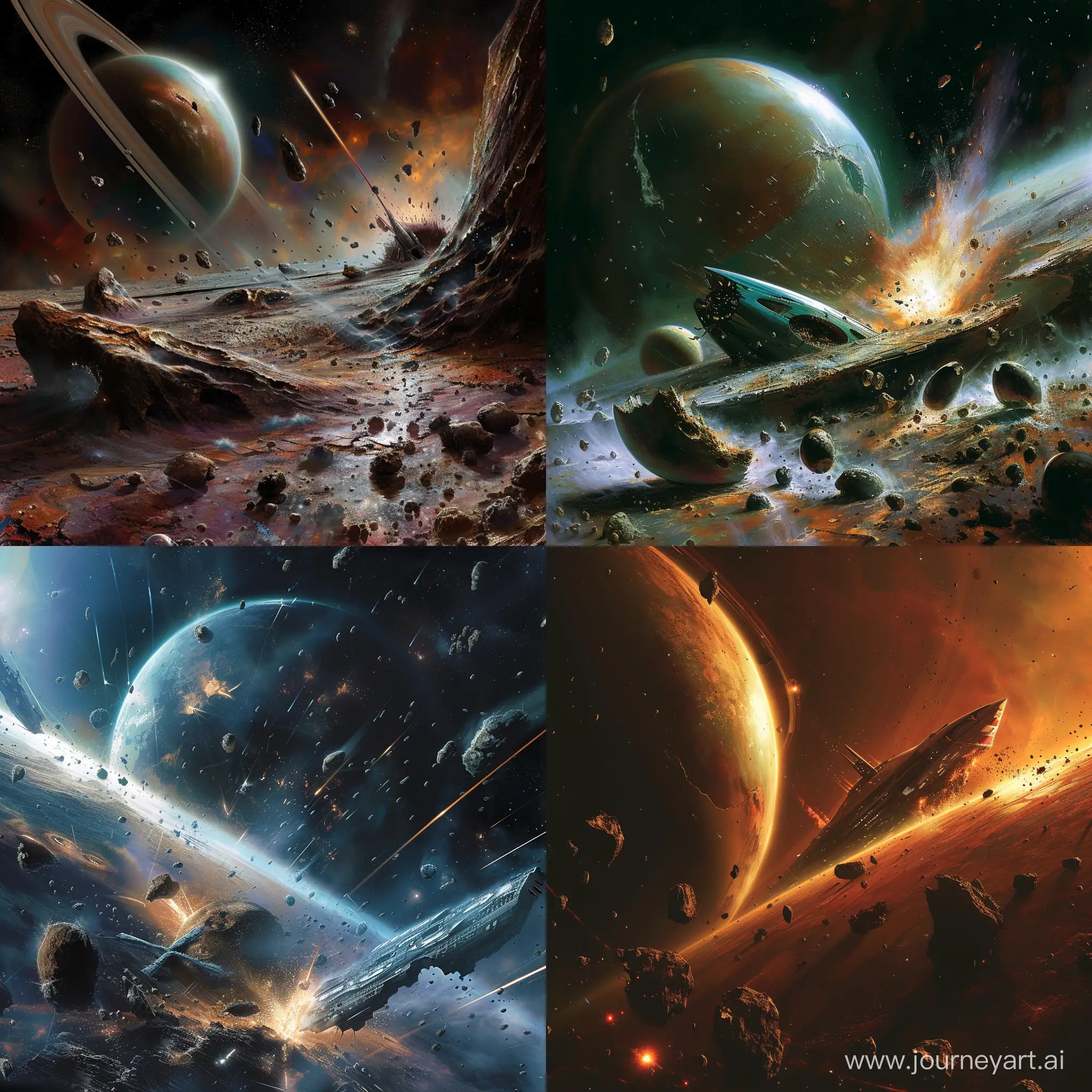 Space, crashed planets, quazar, starship