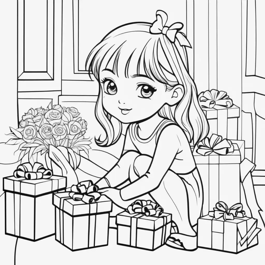Coloring Page of Girl with Gifts Festive Holiday Illustration for Children