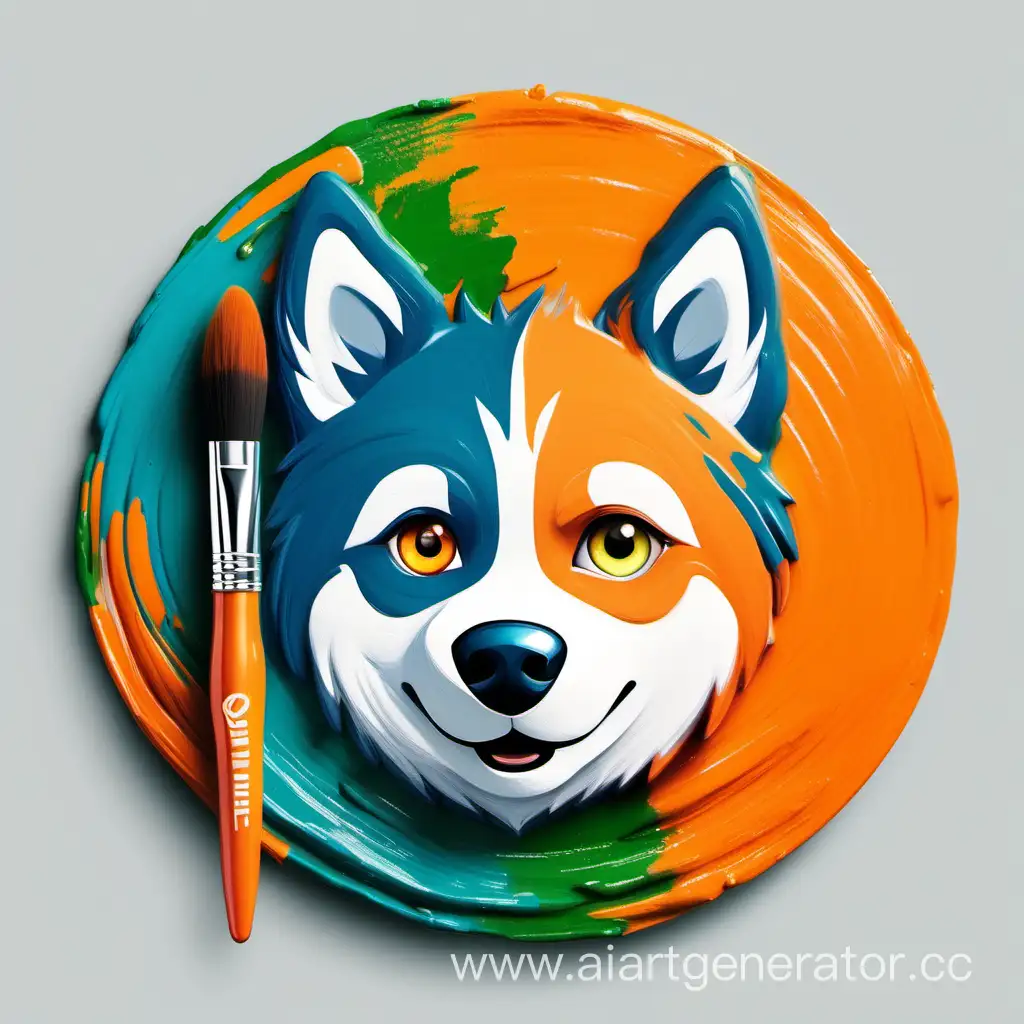circle icon with orange and green paint strokes, in the center husky with blue eyes and paint brush in his teeths