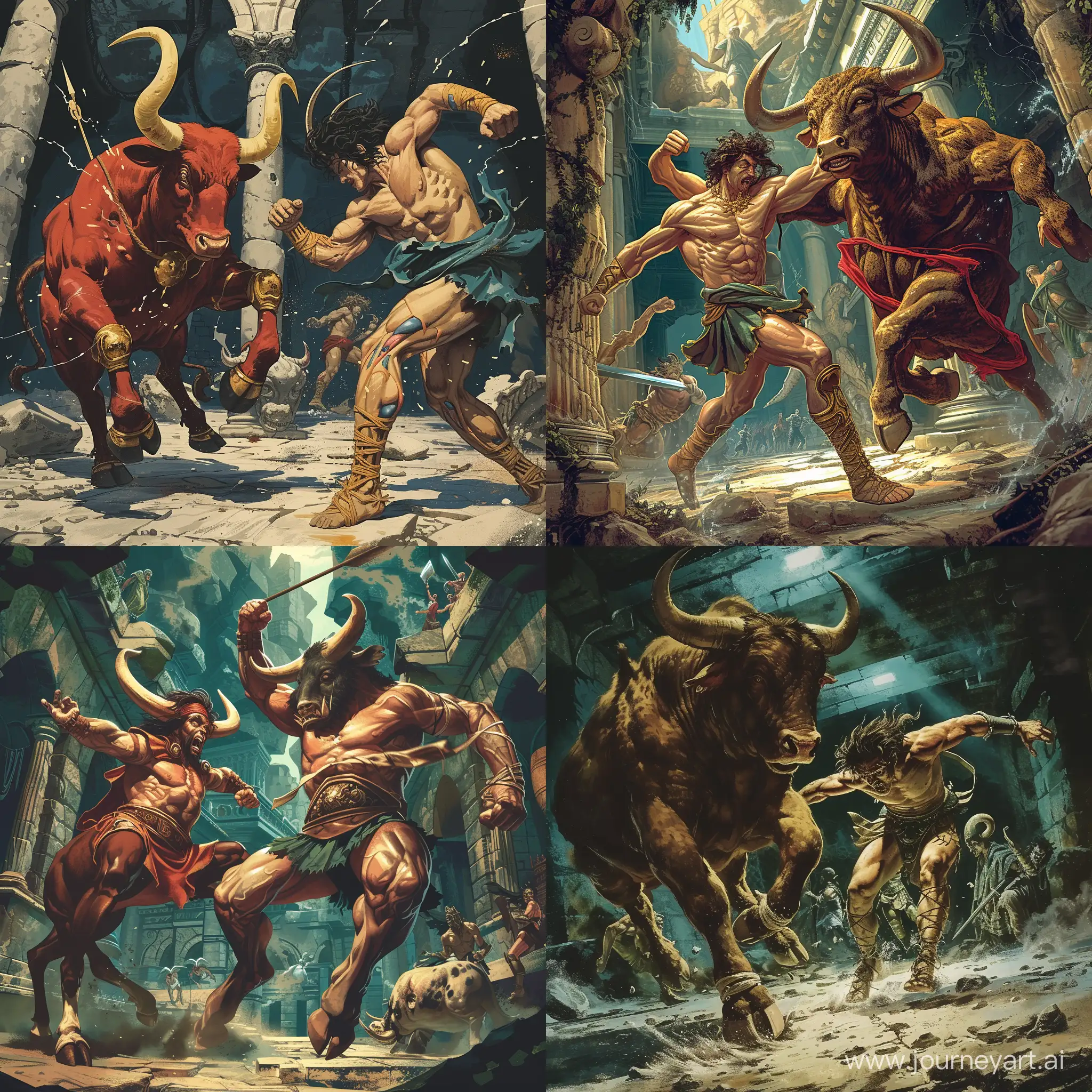 Comic about the battle in the basement of the labyrinth, Theseus and the man-bull with bull legs and human arms, in 10 variations, realistic style, 4K --v 6 --ar 1:1 --no 83531
