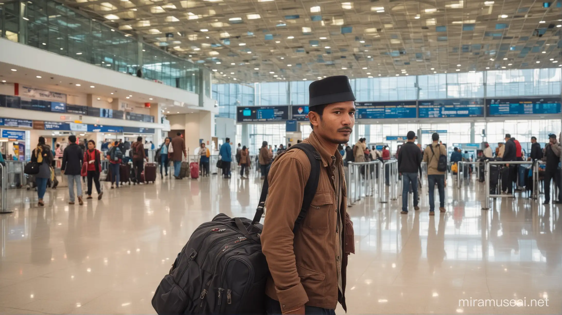 A Nepali man in a airport of Nepal
Weariing Dhaka topi 
Ready to go to abroad with luggage in his hand
And being sad