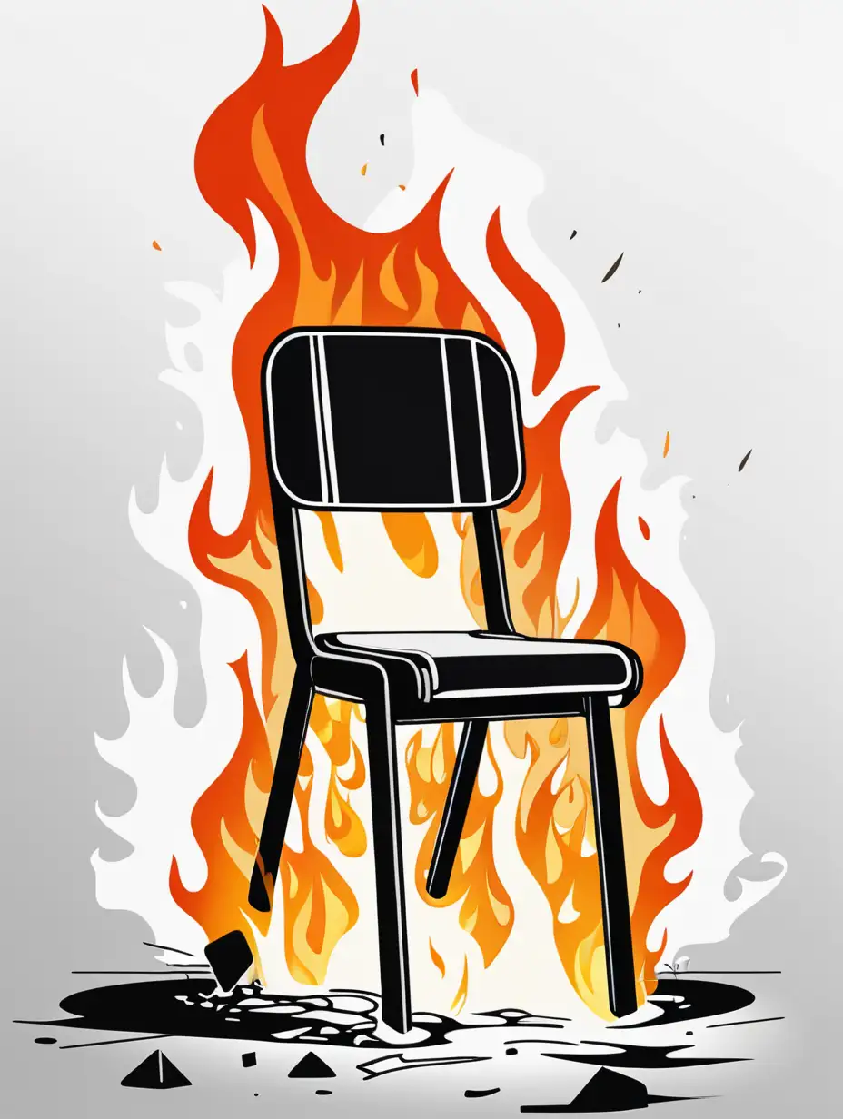 Simple vector illustration broken chair in black white and khaki colors, on fire