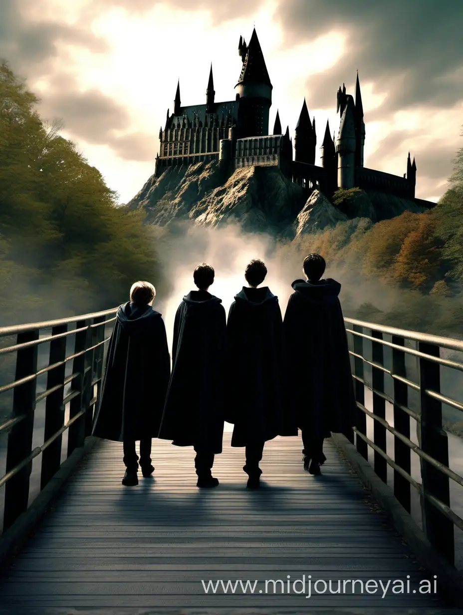 Marauders at Hogwarts Teenagers on Bridge in Magical Cloaks