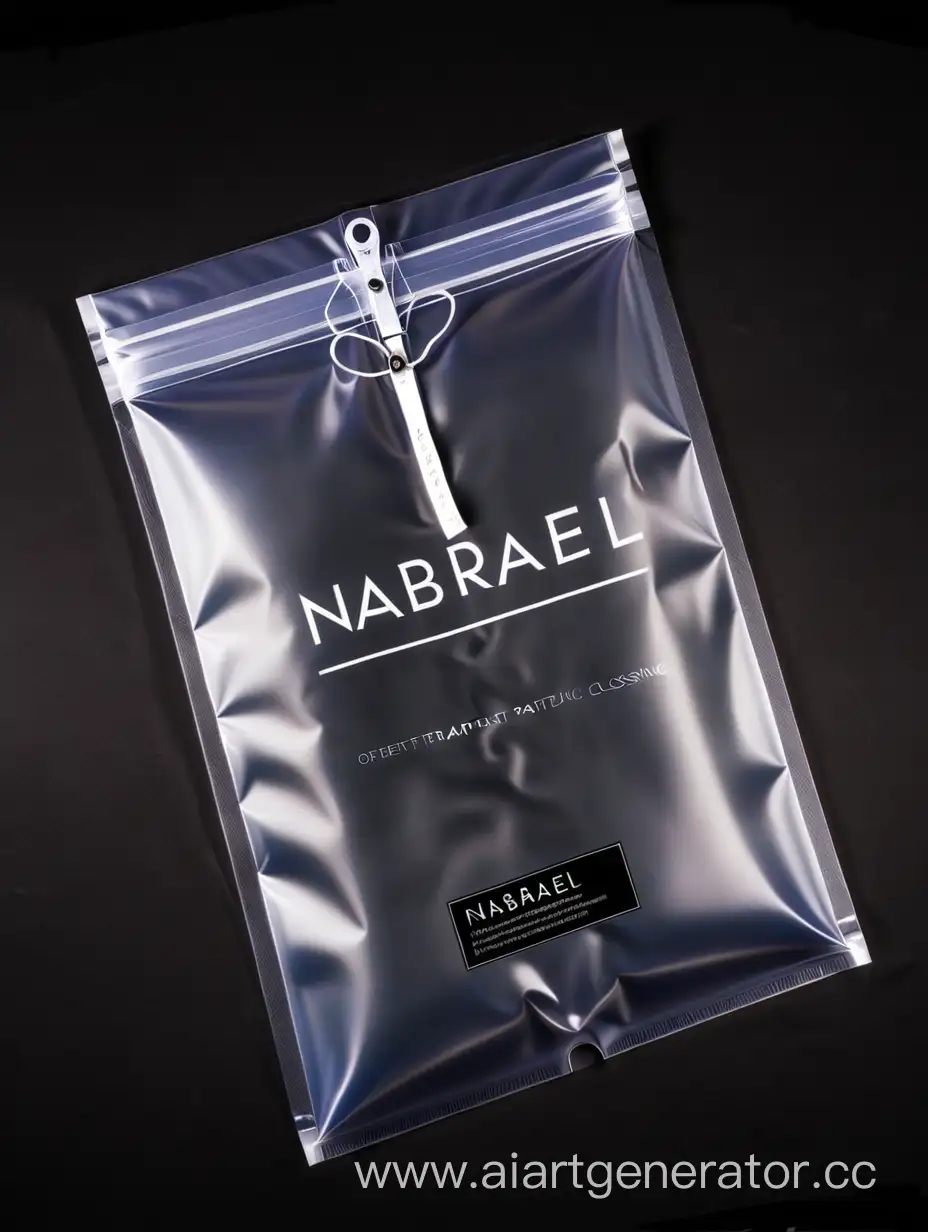 матовая прозрачная упаковка для одежды с застежкой zip lock с ползунком, который открывает и закрывает упаковку, на упаковке написано только название бренда NABIRAEL