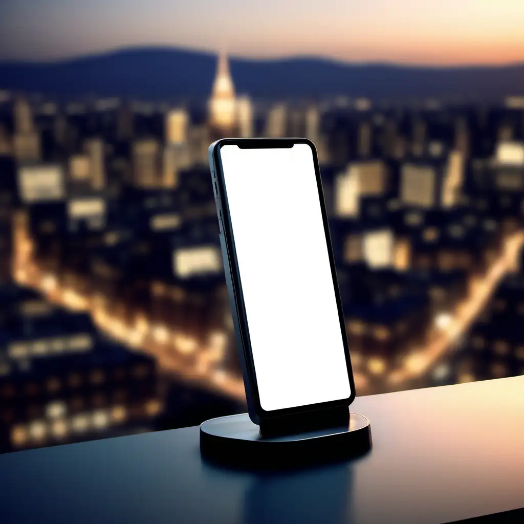 Maquete de telemóvel com tela branca, em cima de uma mesa de bar á noite, com luzes da cidade e prédios iluminados ao fundo